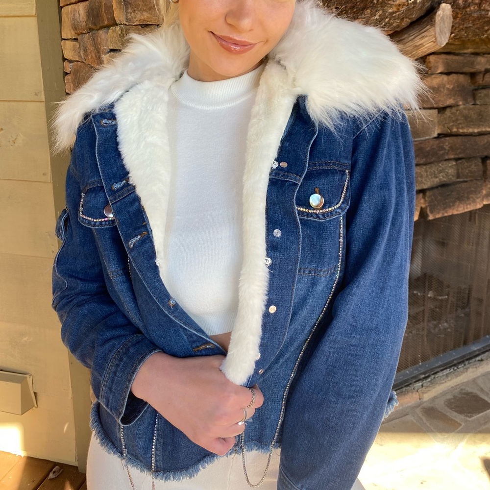 Haute Monde Blue Jean Jacket with White Faux Fur
